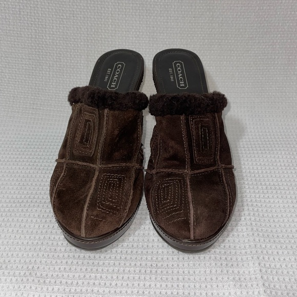 Coach Aubrey Chocolate Brown Suede Leather Fleece Mules Slide Clogs size 10 - Picture 2 of 8
